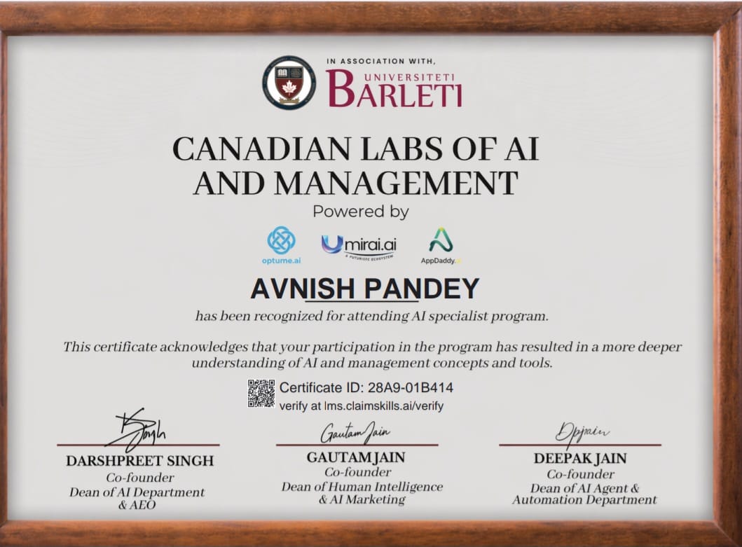 Canadian Labs of AI and Management Certificate - Avnish Pandey, AI Specialist Program, Universiteti Barleti