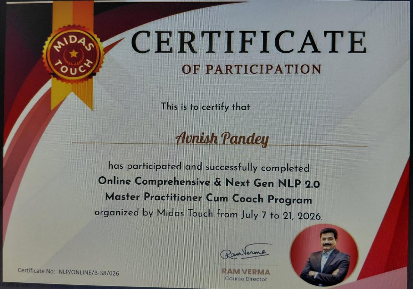 Midas Touch Certificate of Participation - NLP 2.0 Master Practitioner Cum Coach Program - Avnish Pandey